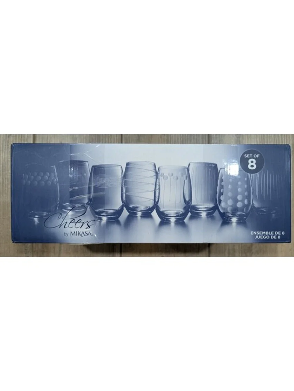 8 Etched Mikasa Cheers Stemless Wine Glasses Brand-New in Box Lead Free Crystal